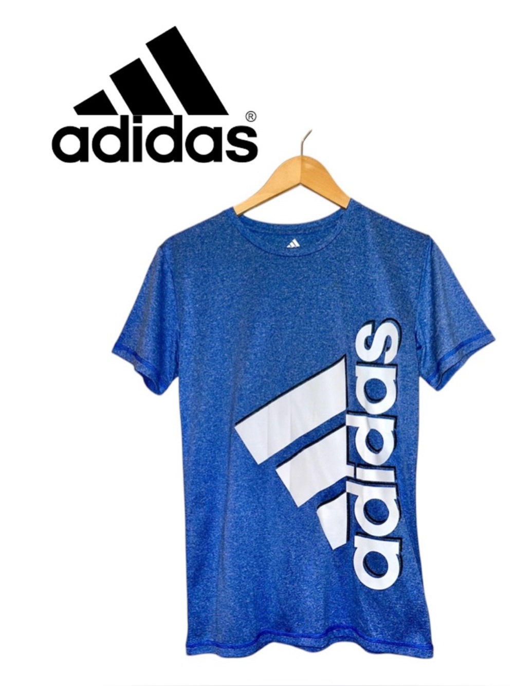 ADIDAS Blue Performance Tee Tech T Shirt White Logo Big Kid Boy Girl L 14/16